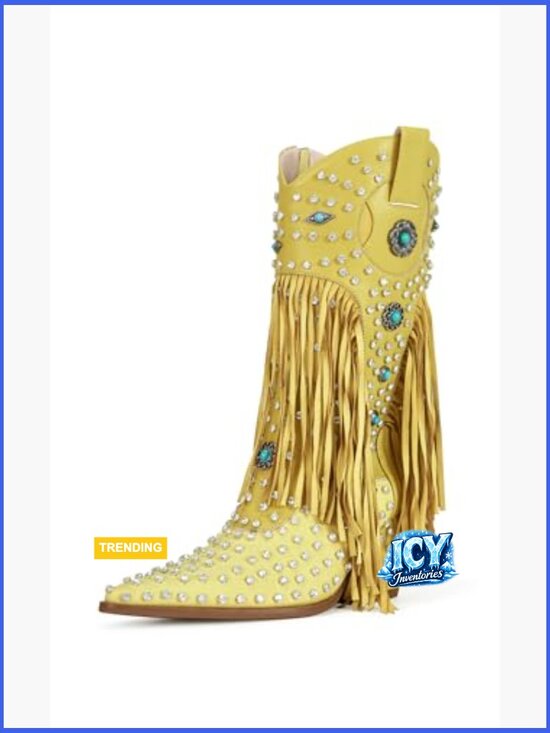 Rhinestone Mid-Calf Fringe Cowboy Boots – Missheel Fringe Rhinestone Embellished Mid Calf Cowboy Boots Pull On